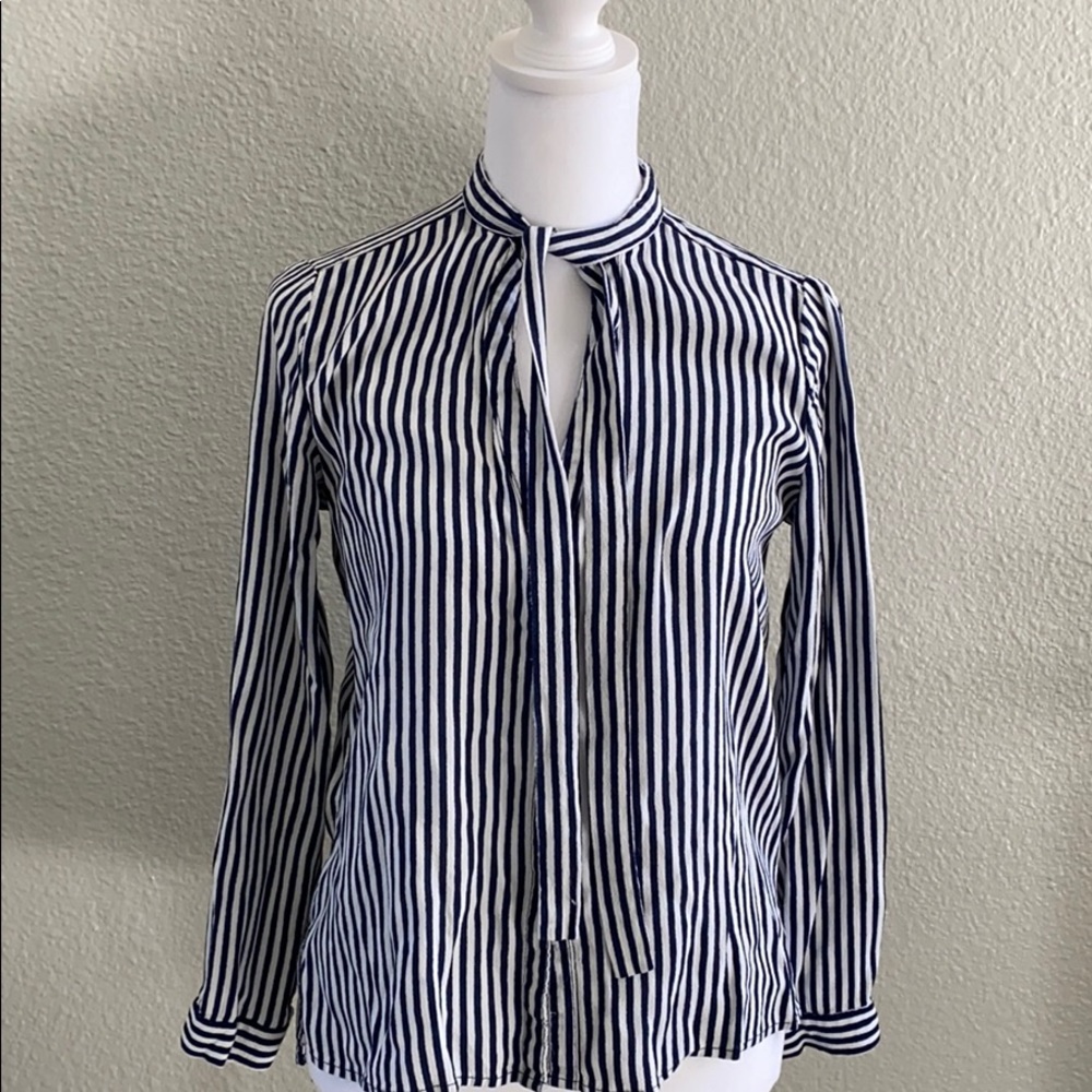 White and blue stripe bow shirt